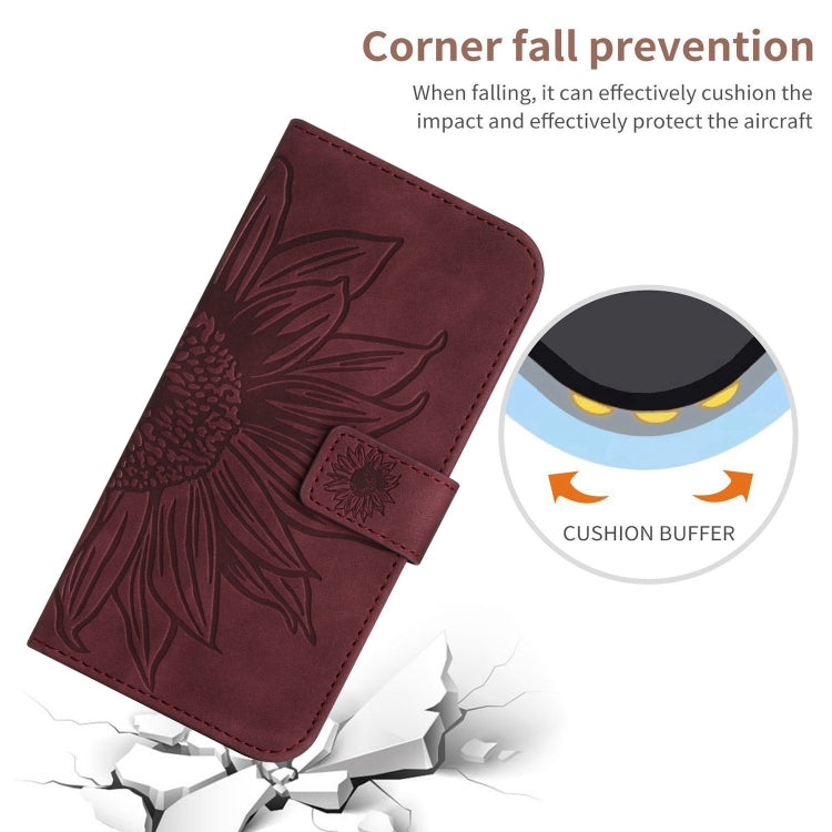 For iPhone 16e Skin Feel Sun Flower Embossed Flip Leather Phone Case with Lanyard(Wine Red) by bashfashion
