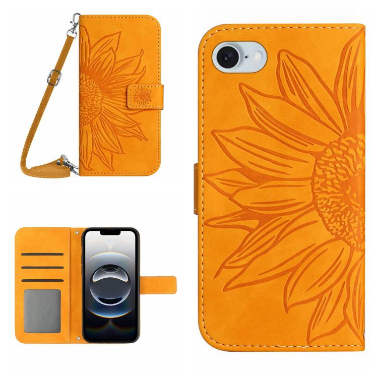 For iPhone 16e Skin Feel Sun Flower Embossed Flip Leather Phone Case with Lanyard(Yellow) by bashfashion