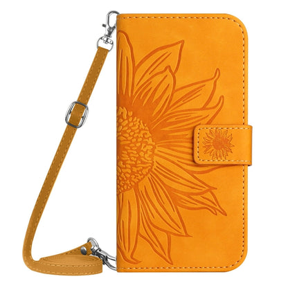 For iPhone 16e Skin Feel Sun Flower Embossed Flip Leather Phone Case with Lanyard(Yellow) by bashfashion