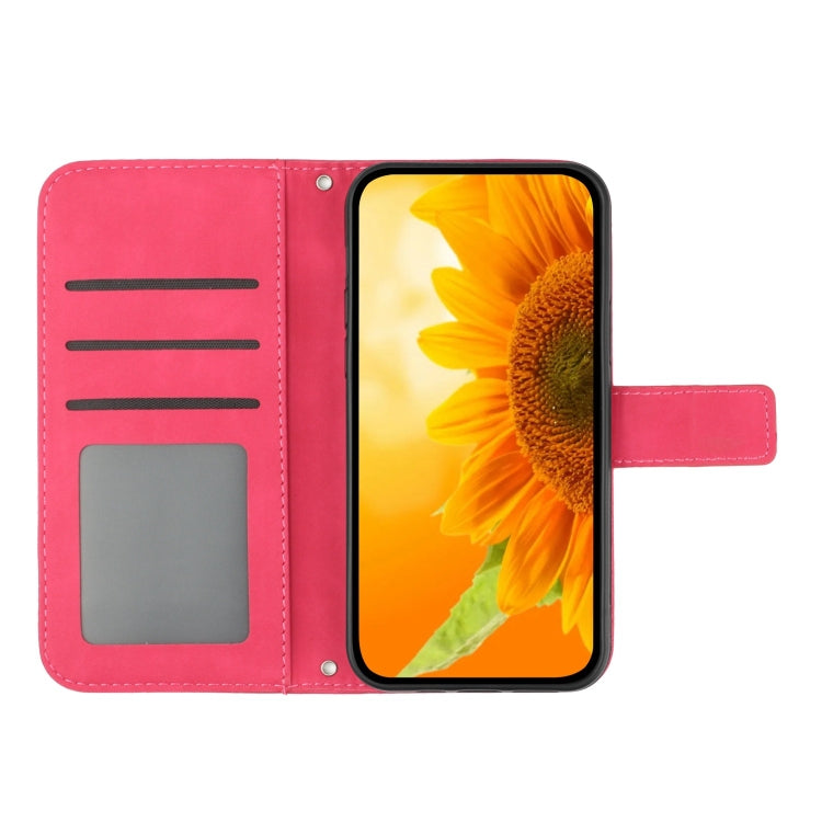 For iPhone 16e Skin Feel Sun Flower Embossed Flip Leather Phone Case with Lanyard(Rose Red) by bashfashion