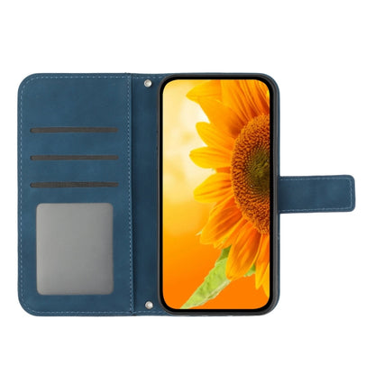 For iPhone 16e Skin Feel Sun Flower Embossed Flip Leather Phone Case with Lanyard(Inky Blue) by bashfashion