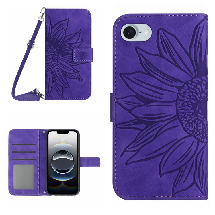 For iPhone 16e Skin Feel Sun Flower Embossed Flip Leather Phone Case with Lanyard(Dark Purple) by bashfashion