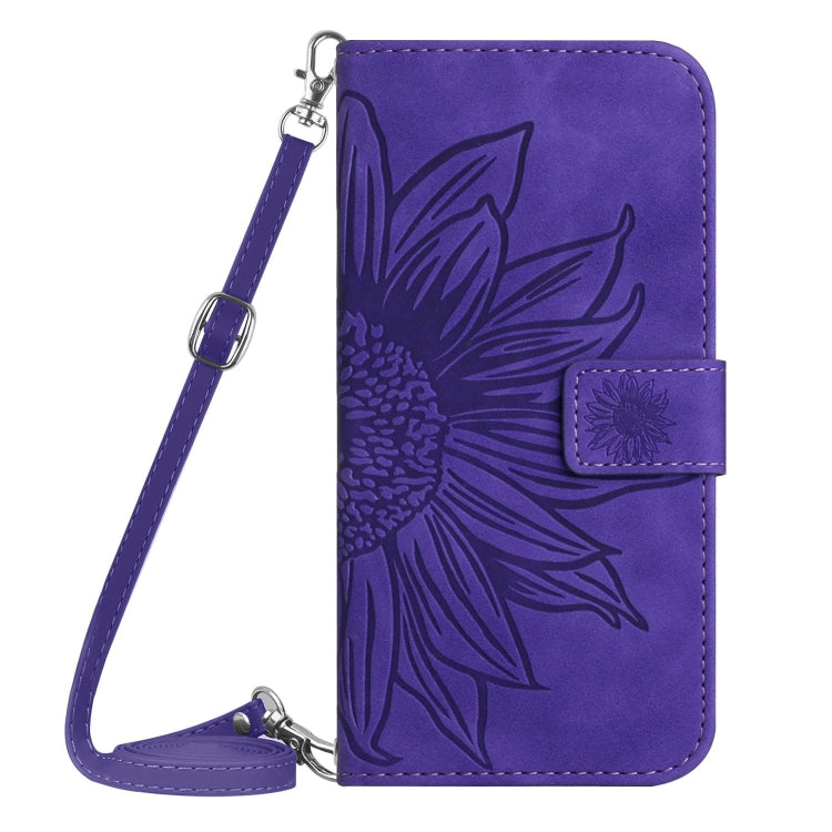 For iPhone 16e Skin Feel Sun Flower Embossed Flip Leather Phone Case with Lanyard(Dark Purple) by bashfashion