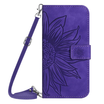 For iPhone 16e Skin Feel Sun Flower Embossed Flip Leather Phone Case with Lanyard(Dark Purple) by bashfashion