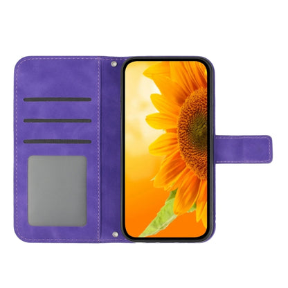 For iPhone 16e Skin Feel Sun Flower Embossed Flip Leather Phone Case with Lanyard(Dark Purple) by bashfashion