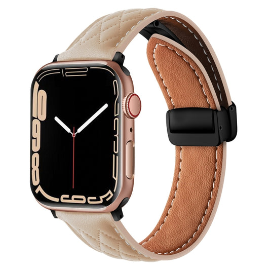 For Apple Watch 8 41mm Folding Buckle Rhombus Leather Watch Band(Apricot) by bashfashion