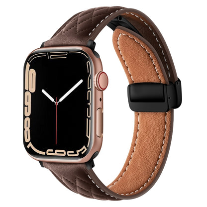 For Apple Watch SE 2023 44mm Folding Buckle Rhombus Leather Watch Band(Coffee) by bashfashion