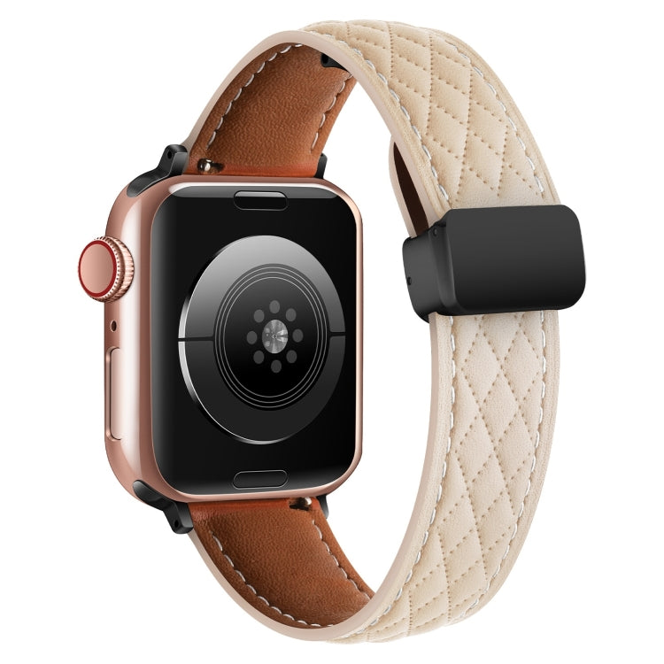 For Apple Watch SE 2023 40mm Folding Buckle Rhombus Leather Watch Band(Apricot) by bashfashion