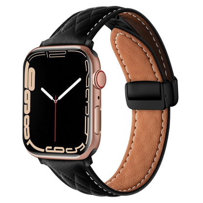 For Apple Watch 9 45mm Folding Buckle Rhombus Leather Watch Band(Black) by bashfashion