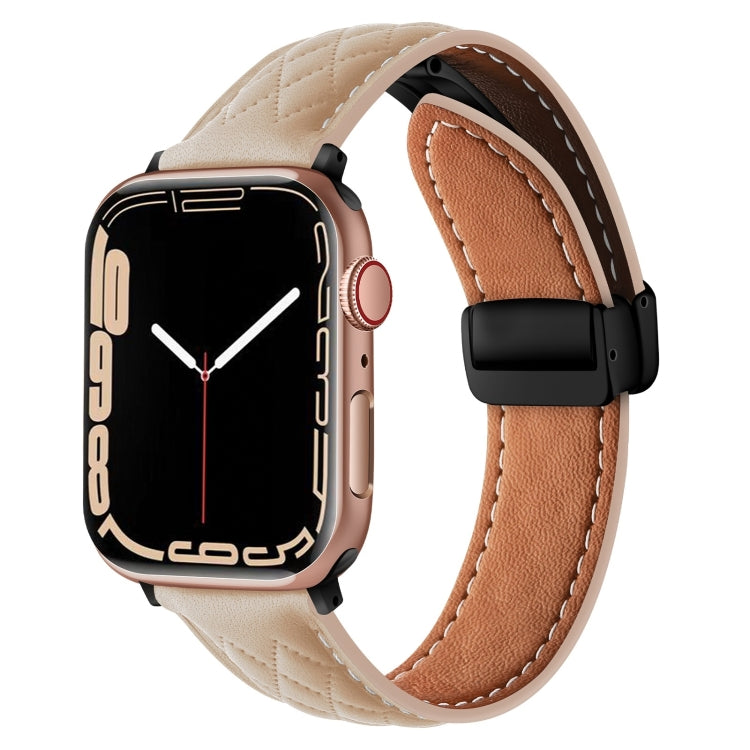 For Apple Watch 9 41mm Folding Buckle Rhombus Leather Watch Band(Apricot) by bashfashion