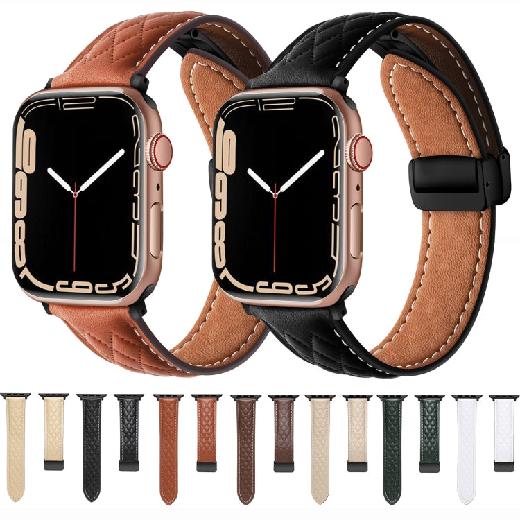 For Apple Watch Ultra 49mm Folding Buckle Rhombus Leather Watch Band(Apricot) by bashfashion