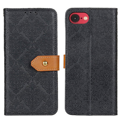 For iPhone 16e European Floral Embossed Leather Phone Case(Black) by bashfashion