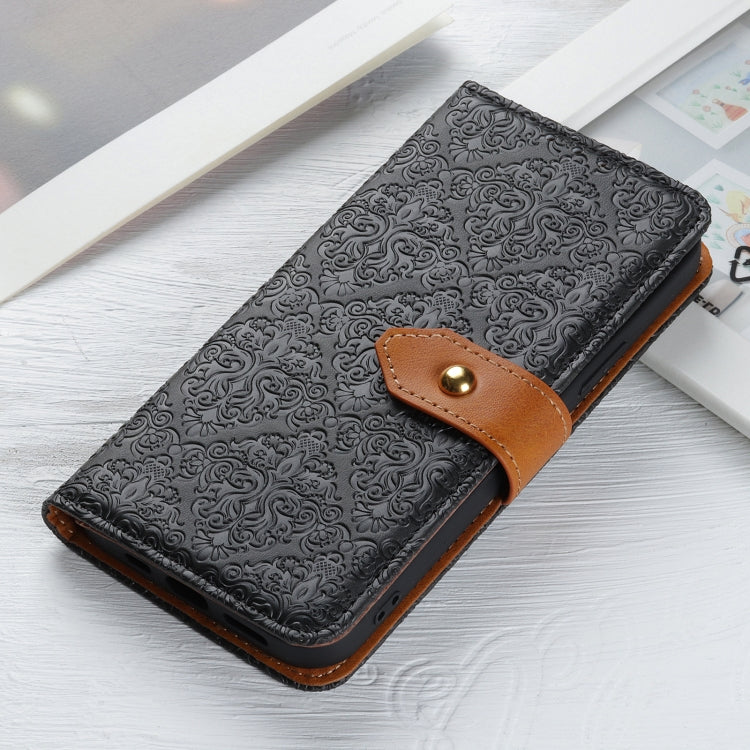 For iPhone 16e European Floral Embossed Leather Phone Case(Black) by bashfashion