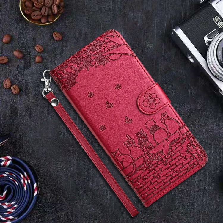 For iPhone 16e Cat Embossing Pattern Leather Phone Case with Lanyard(Red) by bashfashion