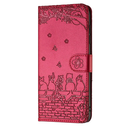 For iPhone 16e Cat Embossing Pattern Leather Phone Case with Lanyard(Red) by bashfashion