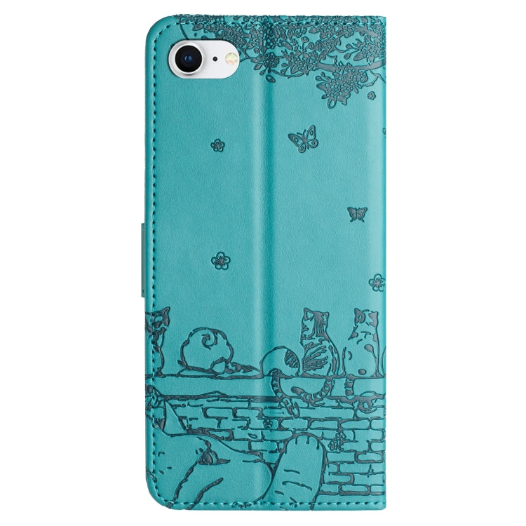 For iPhone 16e Cat Embossing Pattern Leather Phone Case with Lanyard(Blue) by bashfashion