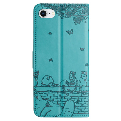 For iPhone 16e Cat Embossing Pattern Leather Phone Case with Lanyard(Blue) by bashfashion
