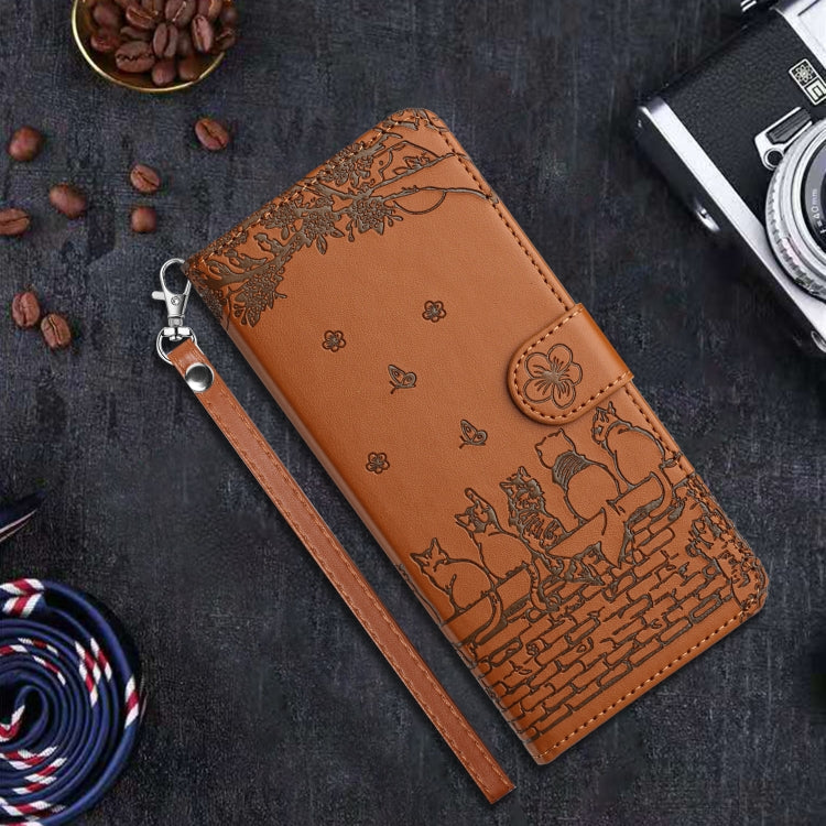 For iPhone 16e Cat Embossing Pattern Leather Phone Case with Lanyard(Brown) by bashfashion