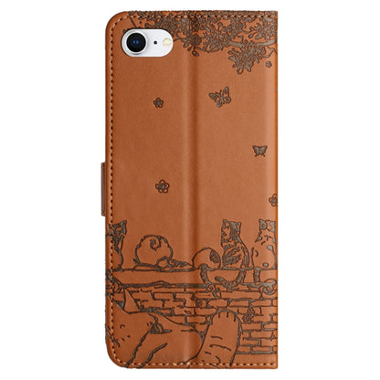 For iPhone 16e Cat Embossing Pattern Leather Phone Case with Lanyard(Brown) by bashfashion