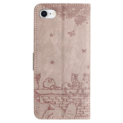For iPhone 16e Cat Embossing Pattern Leather Phone Case with Lanyard(Grey) by bashfashion