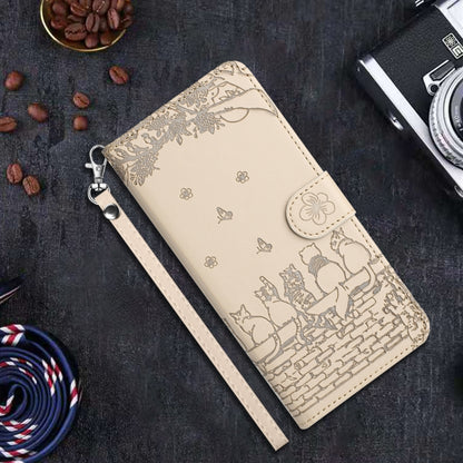 For iPhone 16e Cat Embossing Pattern Leather Phone Case with Lanyard(Beige) by bashfashion