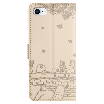 For iPhone 16e Cat Embossing Pattern Leather Phone Case with Lanyard(Beige) by bashfashion