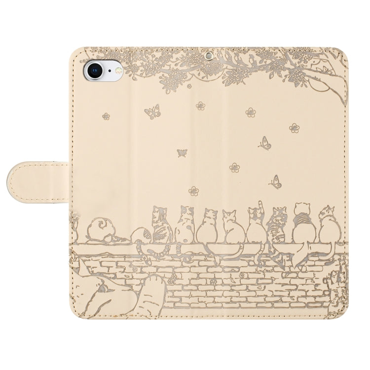 For iPhone 16e Cat Embossing Pattern Leather Phone Case with Lanyard(Beige) by bashfashion