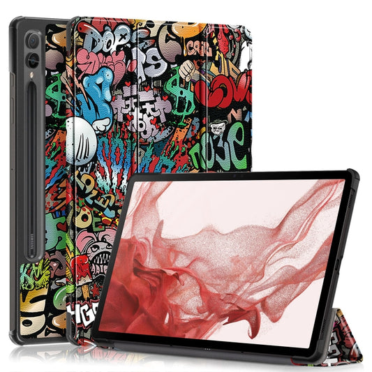For Samsung Galaxy Tab S9+ Custer Painted 3-Fold Holder Smart Leather Tablet Case(Graffiti) by bashfashion