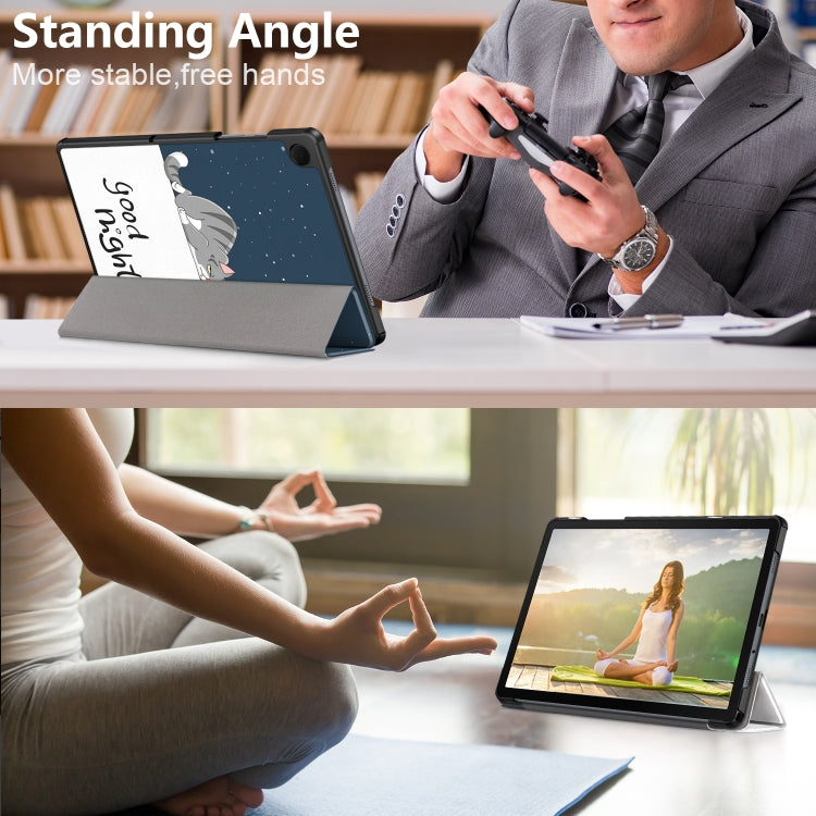 For Samsung Galaxy Tab A9 2023 Custer Painted 3-Fold Holder Smart Leather Tablet Case(Lazy Cat) by bashfashion