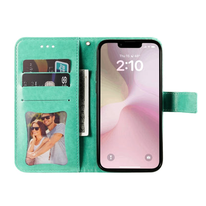 For iPhone 16e Seven-petal Flowers Embossing Leather Phone Case(Green) by bashfashion