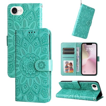 For iPhone 16e Embossed Sunflower Leather Phone Case(Green) by bashfashion