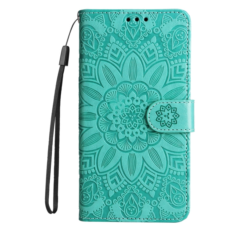 For iPhone 16e Embossed Sunflower Leather Phone Case(Green) by bashfashion