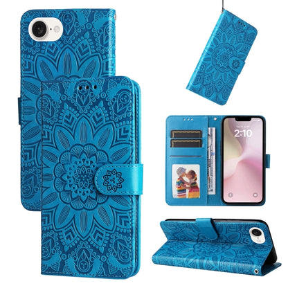 For iPhone 16e Embossed Sunflower Leather Phone Case(Blue) by bashfashion