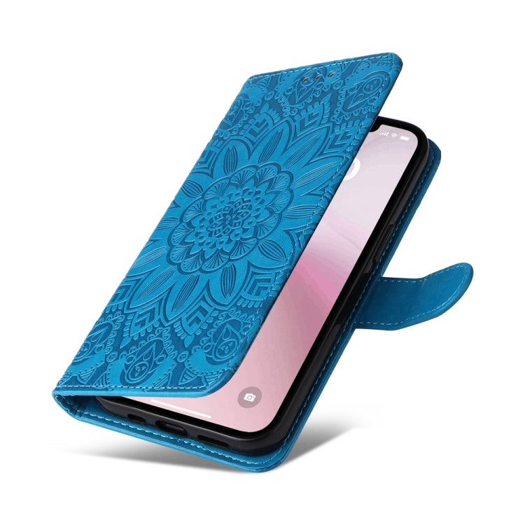 For iPhone 16e Embossed Sunflower Leather Phone Case(Blue) by bashfashion