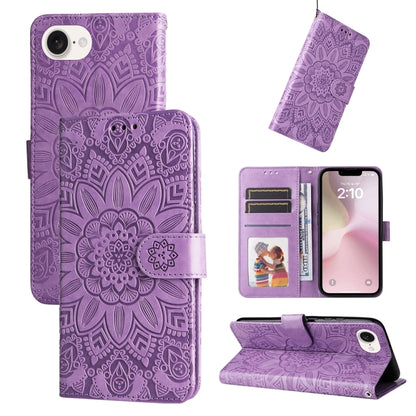For iPhone 16e Embossed Sunflower Leather Phone Case(Purple) by bashfashion