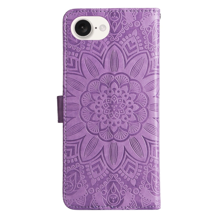 For iPhone 16e Embossed Sunflower Leather Phone Case(Purple) by bashfashion