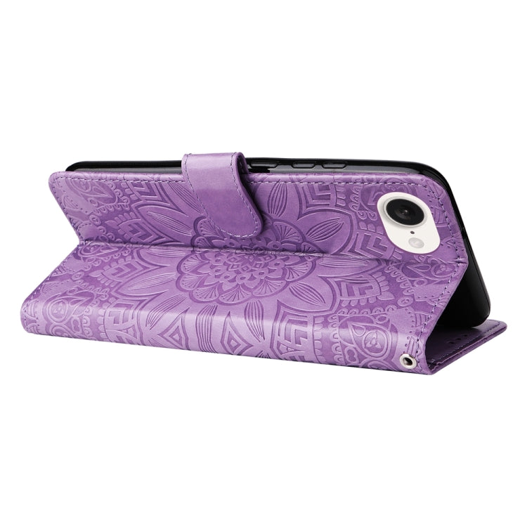 For iPhone 16e Embossed Sunflower Leather Phone Case(Purple) by bashfashion