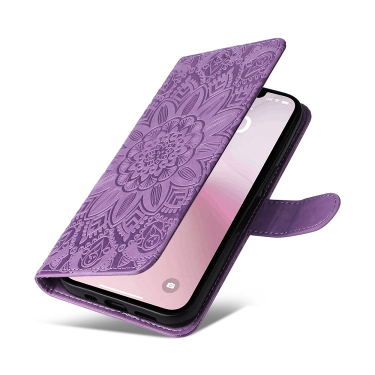 For iPhone 16e Embossed Sunflower Leather Phone Case(Purple) by bashfashion