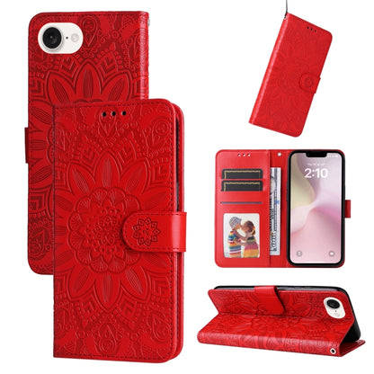 For iPhone 16e Embossed Sunflower Leather Phone Case(Red) by bashfashion
