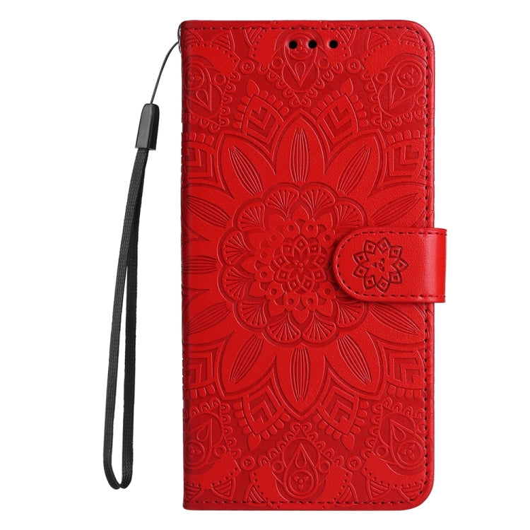 For iPhone 16e Embossed Sunflower Leather Phone Case(Red) by bashfashion