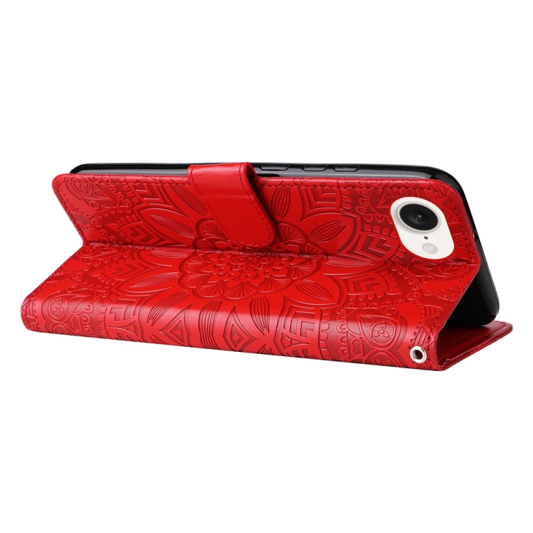 For iPhone 16e Embossed Sunflower Leather Phone Case(Red) by bashfashion