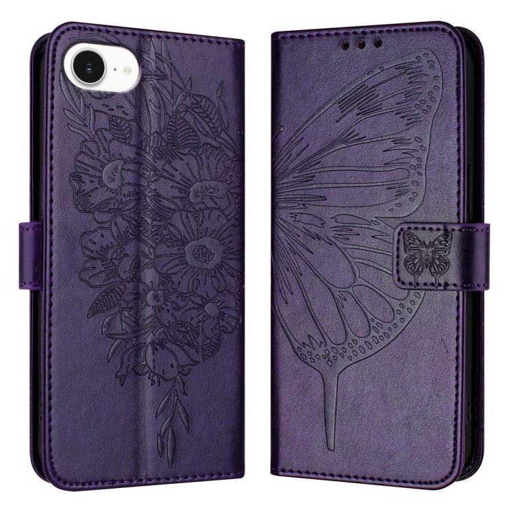 For iPhone 16e Embossed Butterfly Leather Phone Case(Dark Purple) by bashfashion