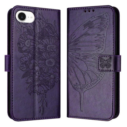 For iPhone 16e Embossed Butterfly Leather Phone Case(Dark Purple) by bashfashion