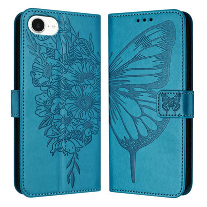 For iPhone 16e Embossed Butterfly Leather Phone Case(Blue) by bashfashion