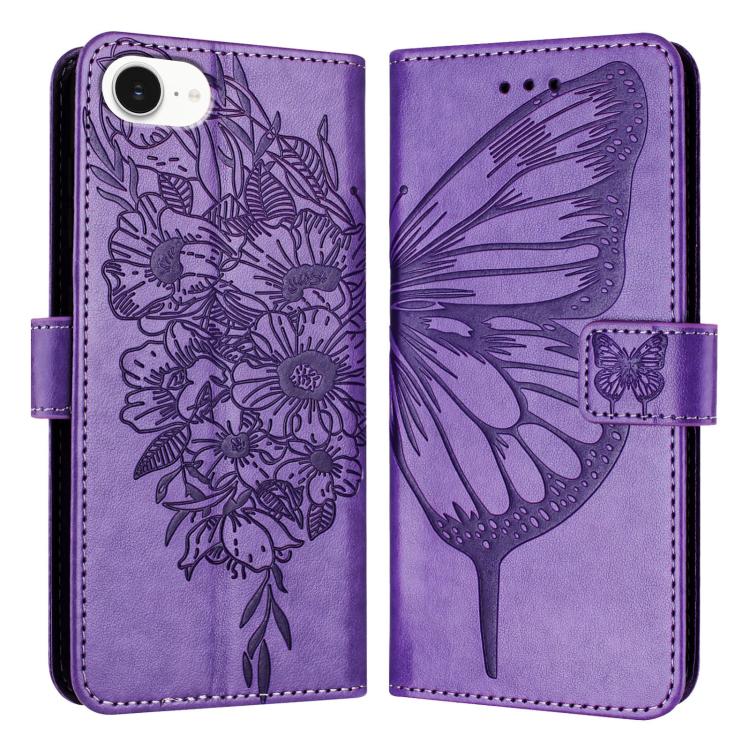 For iPhone 16e Embossed Butterfly Leather Phone Case(Light Purple) by bashfashion