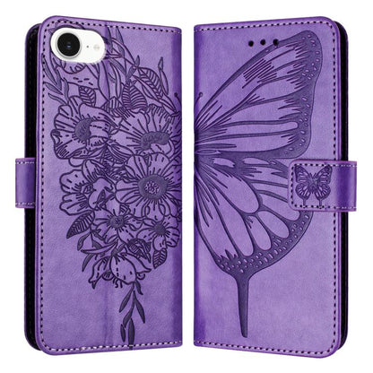 For iPhone 16e Embossed Butterfly Leather Phone Case(Light Purple) by bashfashion