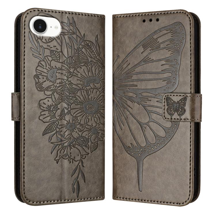 For iPhone 16e Embossed Butterfly Leather Phone Case(Grey) by bashfashion