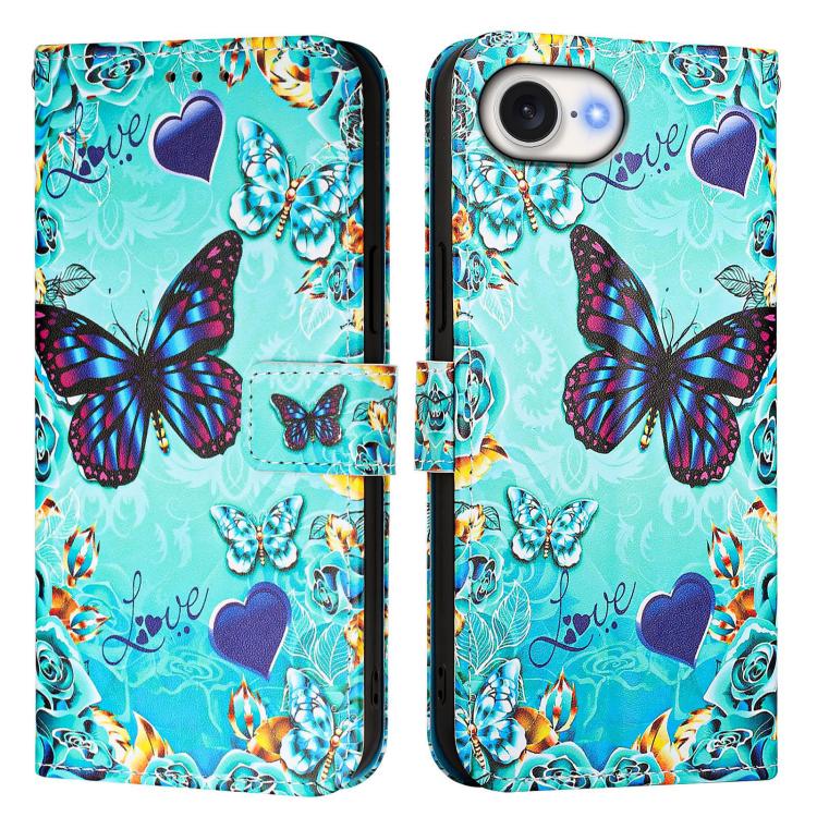 For iPhone 16e Colored Drawing Pattern Plain Weave Leather Phone Case(Caring Butterfly)