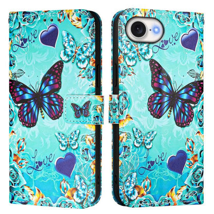 For iPhone 16e Colored Drawing Pattern Plain Weave Leather Phone Case(Caring Butterfly)