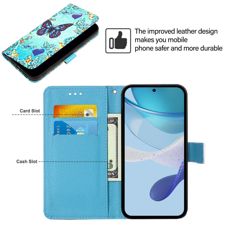 For iPhone 16e Colored Drawing Pattern Plain Weave Leather Phone Case(Caring Butterfly)